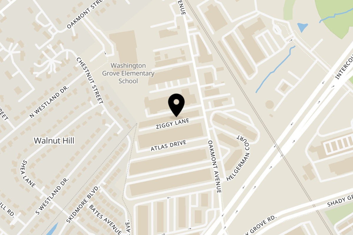 Map showing the location of Mackie's Barbecue on 8547 Ziggy Ln in Gaithersburg